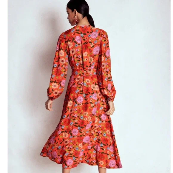 Boden ORA Floral Midi Dress Orange Pink US 4R New With Tags - Picture 2 of 9